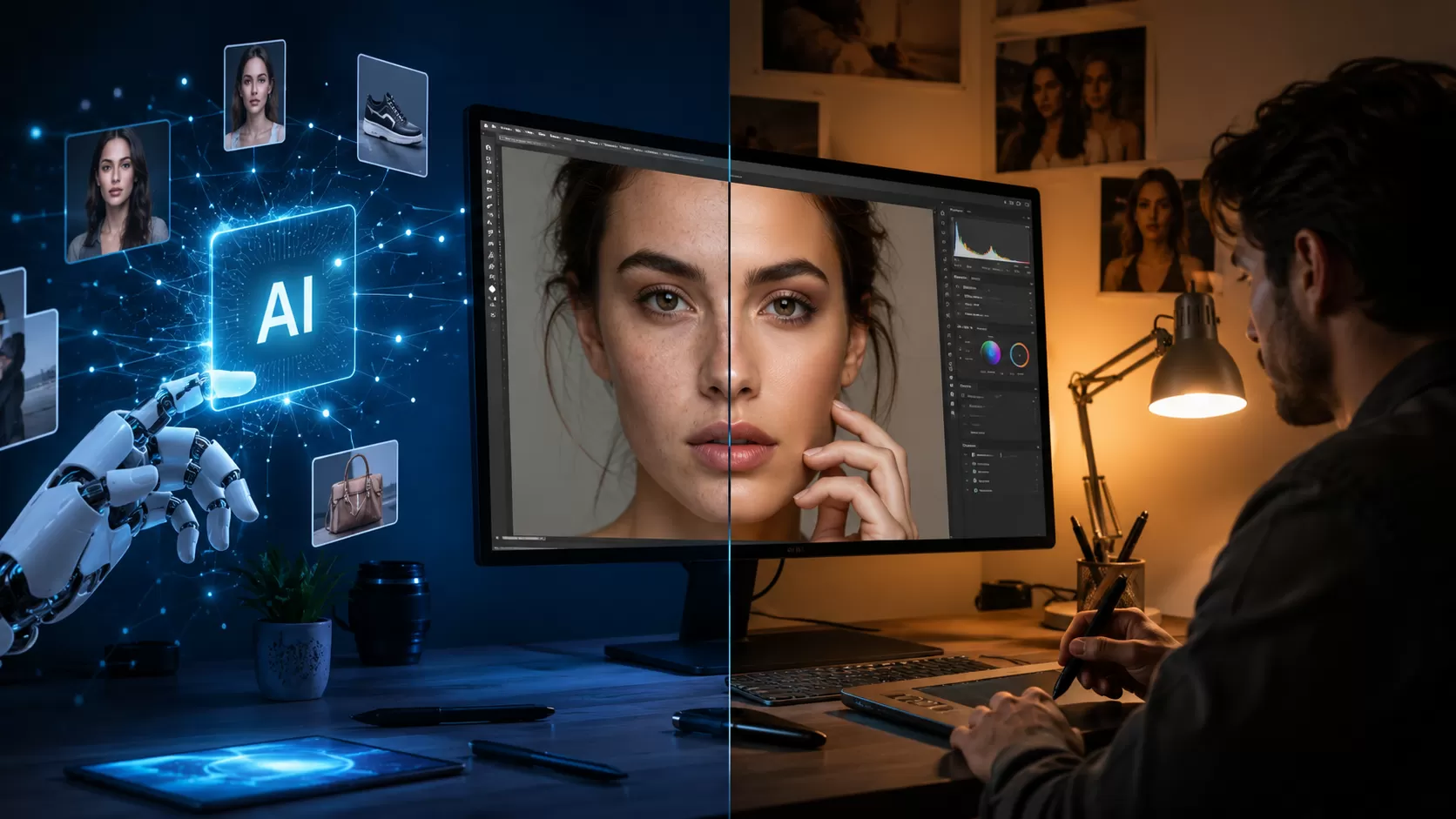 AI vs human photo retouching comparison showing artificial intelligence editing and professional manual retouching workflow