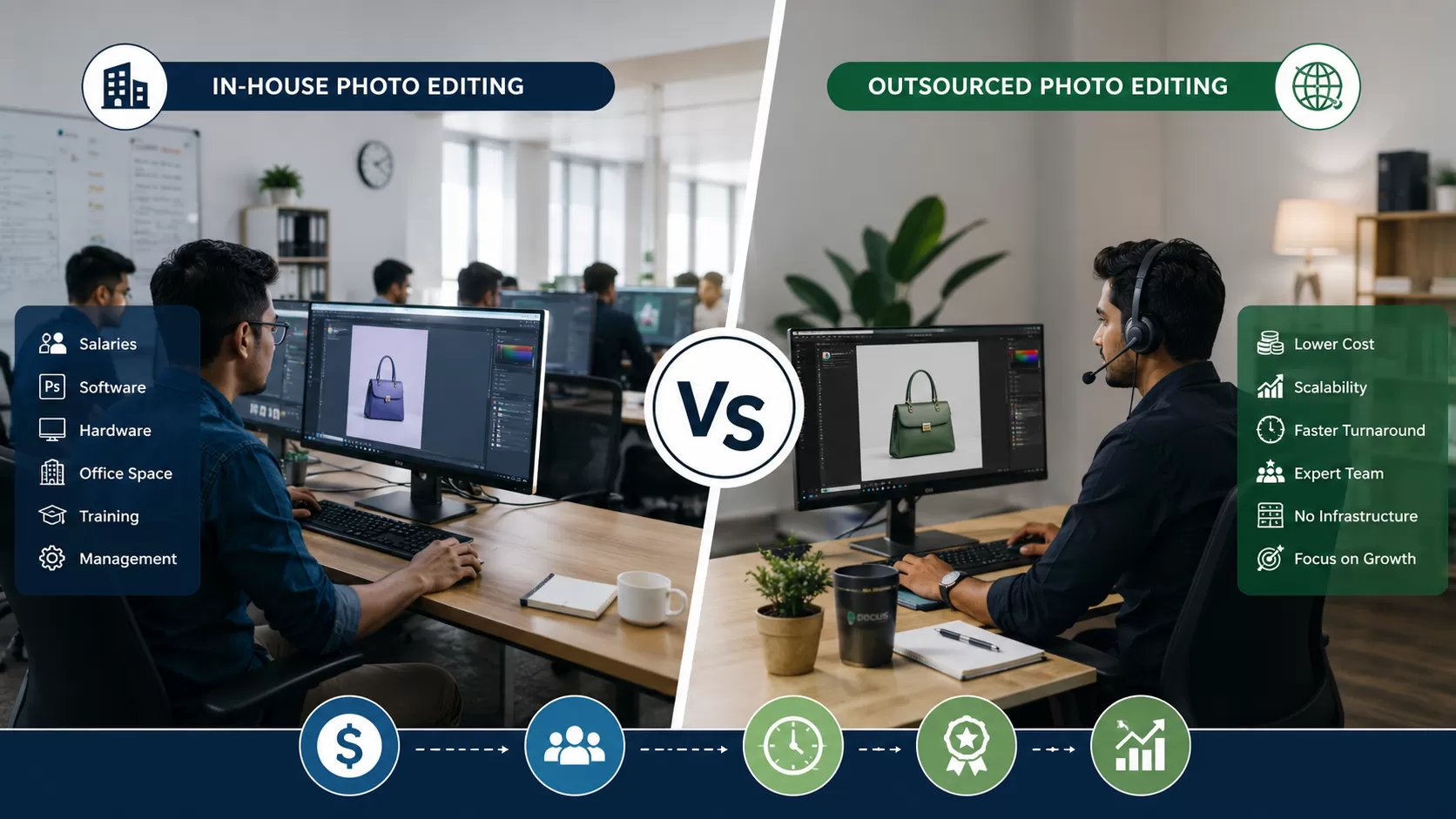 Outsourced vs in-house photo editing comparison showing editing workflow, cost efficiency, and professional retouching process