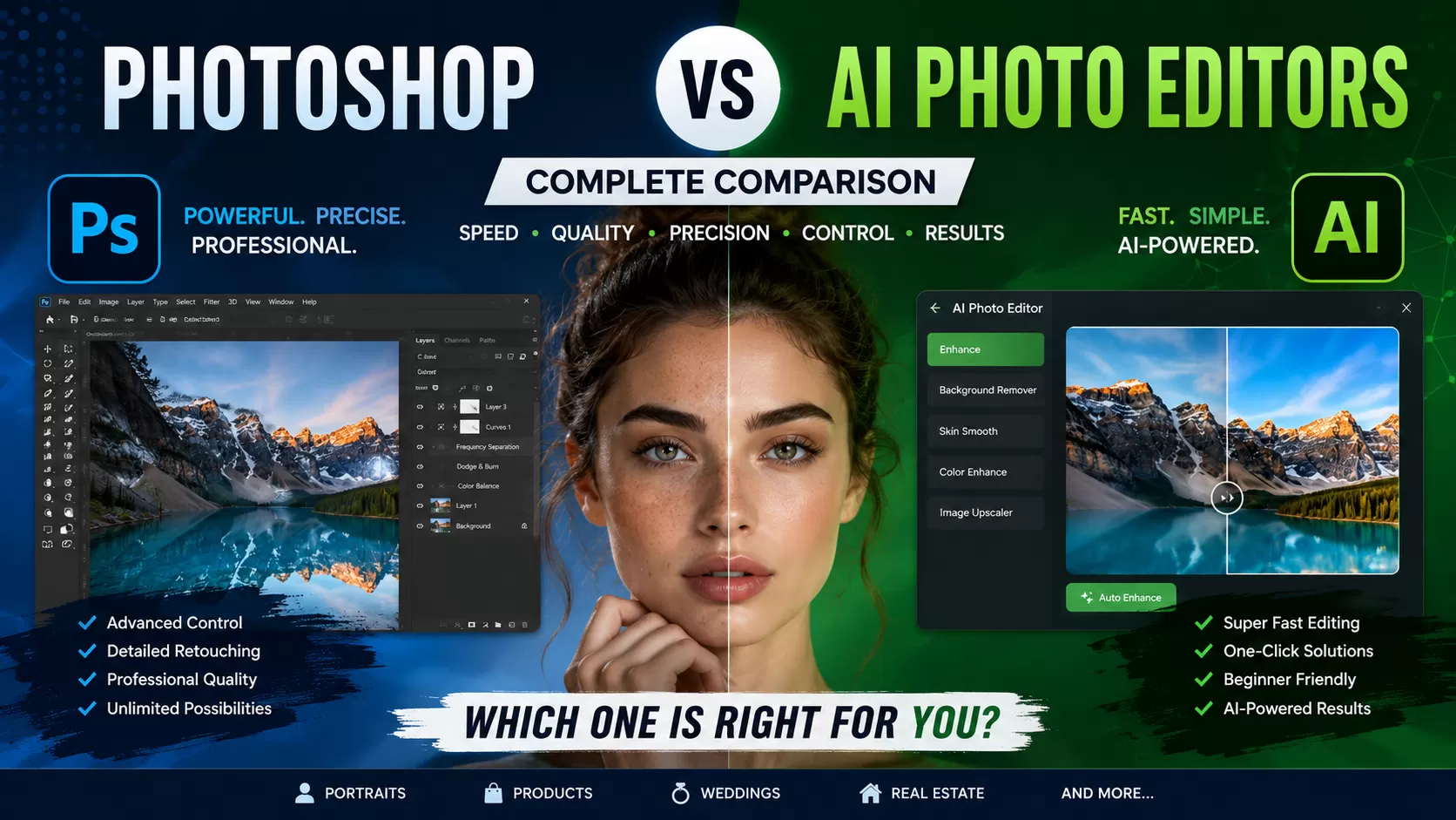 Photoshop vs AI photo editors comparison for professional retouching